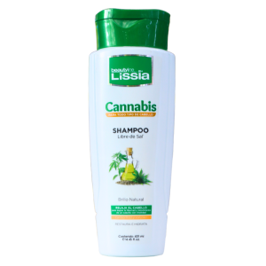 Shampoo Lissia Cannabis, libre de sal, formulado para brindar brillo natural al cabello. Contiene extractos de cannabis que ayudan a nutrir y fortalecer el cabello. Envase de 400 ml, ideal para todo tipo de cabello. Perfecto para quienes buscan un cuidado capilar saludable y efectivo.
