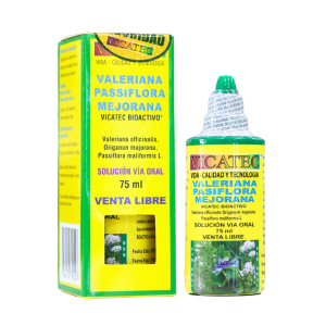 VALERIANA 3 EN 1 75 ML – VICATEC 2 Frasco de Valeriana y Pasiflora Mejorana de Vicateto, presenta una solución oral de 75 ml. El producto está diseñado para promover la relajación y el bienestar. Ideal para quienes buscan alternativas naturales para el manejo del estrés y la ansiedad. Envase de color amarillo con información clara sobre sus ingredientes y beneficios. Disponible sin receta médica.