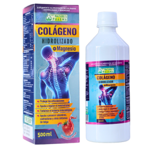 COLÁGENO HIDROLIZADO + MAGNESIO 500 ML – NATURES PHARMA 10 Suplemento de colágeno hidrolizado con magnesio, presentado en una botella de 500 ml junto a su caja. Este producto es ideal para proteger las articulaciones, mejorar la salud de la piel y apoyar el metabolismo. Contiene ingredientes que favorecen la regeneración celular y el bienestar general. Perfecto para quienes buscan mantener la movilidad y la elasticidad en sus articulaciones.