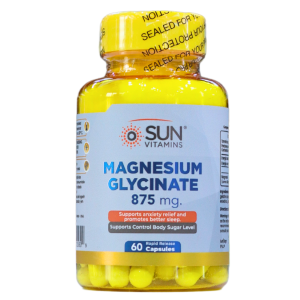 MAGNESIUM GLYCINATE 875 MG (60 CÁPSULAS) – SUN VITAMINS 6 Suplemento de magnesio glicinato de 875 mg de Sun Vitamins, en frasco de 60 cápsulas. Este producto está diseñado para aliviar la ansiedad y promover un mejor sueño, además de ayudar a controlar los niveles de azúcar en la sangre. Ideal para quienes buscan mejorar su bienestar general a través de la suplementación.