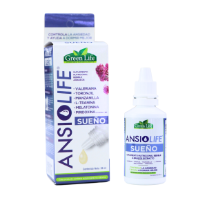 ANSIOLIFE 30 ML – GREEN LIFE 4 Suplemento AnsioLife Sueño de Green Life, diseñado para controlar la ansiedad y mejorar la calidad del sueño. Contiene ingredientes naturales como valeriana, toronjil, manzanilla, L-teanina, melatonina y piridoxina. Presentación en frasco de 30 ml con gotero, ideal para facilitar la dosificación. Perfecto para quienes buscan una solución natural para el insomnio y la relajación.