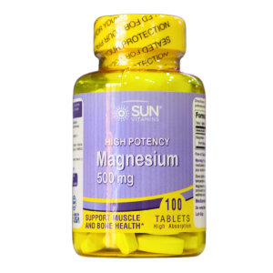 MAGNESIUM 500 MG 100 TABLETS – SUN VITAMINS 2 Frasco de suplemento de magnesio de alta potencia de la marca Sun, que contiene 100 tabletas de 500 mg cada una. Este producto está diseñado para apoyar la salud muscular y ósea, y se destaca por su alta absorción. Ideal para quienes buscan complementar su dieta con magnesio.