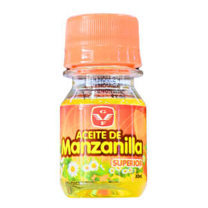 ACEITE DE MANZANILLA SUPERIOR 30 ML – LABORATORIO GF 16 Botella de aceite de manzanilla de 30 ml, con tapa naranja y etiqueta colorida que destaca su calidad superior. Ideal para usos en aromaterapia, masajes y cuidados de la piel. El aceite de manzanilla es conocido por sus propiedades relajantes y antiinflamatorias. Perfecto para quienes buscan un producto natural para mejorar su bienestar.