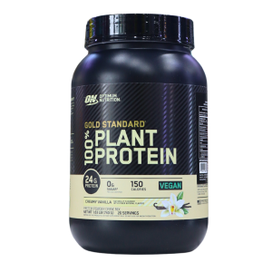 100% PLANT PROTEIN GOLD STANDARD 1.63 LB – OPTIMUM NUTRITION 26 Proteína en polvo 100% vegetal Gold Standard de Optimum Nutrition, sabor vainilla cremosa, con 24 gramos de proteína por porción y 150 calorías, ideal para dietas veganas.