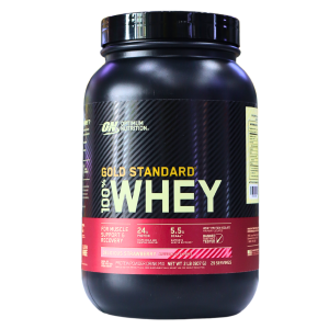 Envase de proteína en polvo Gold Standard 100% Whey de Optimum Nutrition, ideal para la recuperación muscular. Cada porción contiene 24 gramos de proteína de alta calidad, 5.5 gramos de BCAA y es baja en carbohidratos. Perfecta para quienes buscan aumentar su masa muscular y mejorar su rendimiento físico. Ideal para mezclar en batidos o recetas saludables.