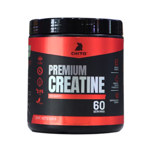 PREMIUM CREATINE 60 SERVIDAS 300 GR (CREAPURE) – CHITO 8 Envase de creatina premium de la marca Chito, con 300 gramos y 60 porciones. Este suplemento está diseñado para mejorar el rendimiento físico y aumentar la masa muscular. Ideal para deportistas y personas que buscan optimizar su entrenamiento. Presenta un diseño moderno y atractivo, con información clara sobre su contenido y beneficios.