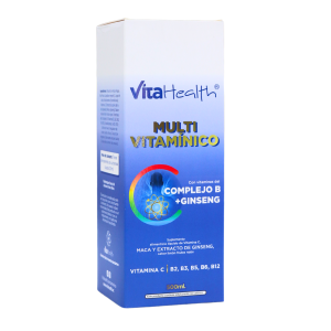 Envase de suplemento vitamínico multi vitamínico de la marca VitalHealth. Contiene vitaminas del complejo B y ginseng, diseñado para fortalecer el sistema inmunológico y mejorar la energía. Presentación en botella de 500 ml, ideal para complementar la dieta diaria y promover un bienestar general.