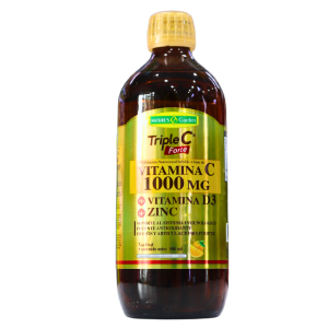 Botella de suplemento de vitamina C de 1000 mg, que incluye vitamina D3 y zinc. Producto de la marca Nature's Garden, diseñado para fortalecer el sistema inmunológico y proporcionar antioxidantes. Ideal para personas que buscan mejorar su salud y bienestar general. Contiene ingredientes naturales y es fácil de consumir.