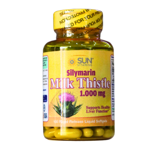 MILK THISTLE 1000MG 100 SOFTGELS – SUN VITAMINS 16 Frasco de suplemento de silimarina de cardo mariano, 1000 mg, de la marca Sun Vitamins. Contiene 100 cápsulas blandas de liberación prolongada, diseñadas para apoyar la función hepática. Ideal para quienes buscan mejorar la salud del hígado de manera natural.