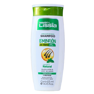 Shampoo Lissia con fórmula de embrión de pato, 425 ml, diseñado para fortalecer y proteger el cabello. Contiene ingredientes naturales que ayudan a mejorar la salud del cabello, promoviendo su crecimiento y brillo. Ideal para todo tipo de cabello, este producto es perfecto para quienes buscan un cuidado capilar efectivo y nutritivo.