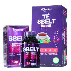 PROMO SBELT PRO (130 CAP) + TÉ SBELT PRO (30 SOBRES) – LABMAC 4 Imagen de productos Labmac que incluyen el suplemento SBELT PRO en cápsulas y el té SBELT PRO. El envase del suplemento muestra 130 cápsulas y destaca ingredientes como la centella asiática. El té está diseñado para ayudar en la pérdida de peso y tiene un diseño atractivo en tonos morados. Ideal para quienes buscan complementar su dieta con opciones naturales.
