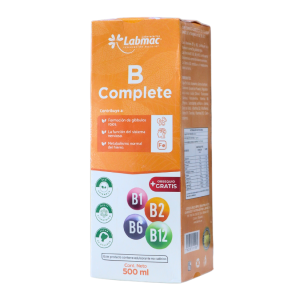 B COMPLETE 500 ML – LABMAC 22 Imagen del producto Labmac B Complete, un suplemento alimenticio en formato líquido de 500 ml. Este producto está diseñado para contribuir al funcionamiento del sistema nervioso y mejorar el metabolismo. Contiene varias vitaminas del complejo B, incluyendo B1, B2, B6 y B12, esenciales para la salud y el bienestar. La caja destaca su efectividad y un sello de