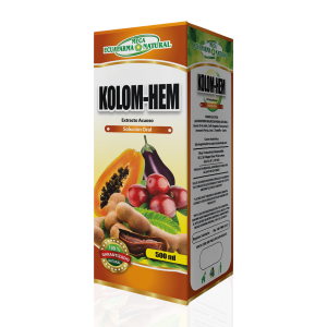 Imagen de un envase de Kolom-Hem, un extracto natural en solución oral de 500 ml. La etiqueta destaca los ingredientes como papaya, berenjena y otros extractos naturales, promoviendo sus beneficios para la salud. Ideal para quienes buscan suplementos naturales y soluciones herbales.