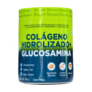 COLÁGENO HIDROLIZADO + GLUCOSAMINA 300 GR – BLESSANI 4 Envase de colágeno hidrolizado con glucosamina, sabor fresa, de 300 gramos. Este complemento alimenticio está diseñado para mejorar la salud de articulaciones, cabello, piel, uñas y huesos. Contiene ingredientes naturales y vitaminas, ideal para quienes buscan fortalecer su bienestar general.