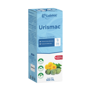URISMAC 500 ML – LABMAC 26 Envase de 500 ml de Urismac de Labmac, un complemento natural para el alivio de infecciones articulares y el cuidado de la salud renal. El diseño del envase incluye ilustraciones de plantas medicinales y sellos que destacan sus beneficios. Ideal para quienes buscan una alternativa natural para mejorar su bienestar.