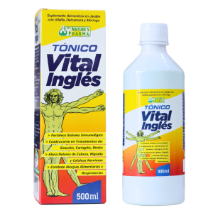 TONICO VITAL INGLES 500 ML – NATURES PHARMA 16 Tónico Vital Inglés de Nature's Pharma, presentado en envase de 500 ml. Suplemento alimenticio en jarabe con ingredientes como alfalfa, diente de león y menta. Ayuda a mejorar la salud general, alivia síntomas de fatiga, estrés y migrañas, y favorece el funcionamiento del sistema inmunológico. Ideal para combatir problemas respiratorios y mantener el bienestar.