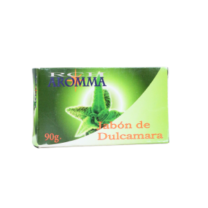 Jabón de Dulcamara de 90g de la marca Aroma, presentado en un empaque verde con diseño atractivo. Este producto es ideal para el cuidado de la piel, aprovechando las propiedades naturales de la dulcamara. Su uso regular ayuda a mantener la piel hidratada y suave, siendo una opción popular en la cosmética natural. Perfecto para quienes buscan productos amigables con la piel y el medio ambiente.
