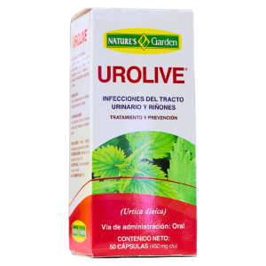 UROLIVE 50 CÁPSULAS – NATURES GARDEN 18 Suplemento Urolive de Nature's Garden en presentación de 50 cápsulas, diseñado para el tratamiento y prevención de infecciones del tracto urinario y riñones. Contiene extracto de ortiga (Urtica dioica) y se recomienda su uso por vía oral. Ideal para mantener la salud del sistema urinario.