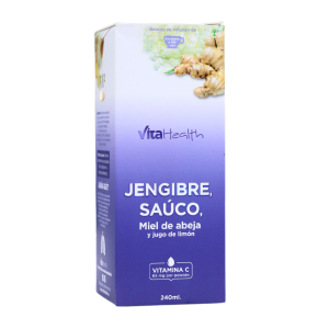 JENGIBRE SAÚCO 240 ML – VITAHEALTH 10 Envase de 240 ml de jarabe de Jengibre, Saúco, Miel de Abeja y Jugo de Limón de VitaHealth. Este producto destaca por su contenido en vitamina C y sus propiedades naturales para fortalecer el sistema inmunológico. Ideal para combatir resfriados y mejorar la salud respiratoria. Perfecto para quienes buscan un suplemento natural y delicioso.