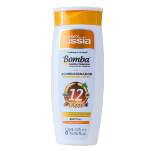 ACONDICIONADOR LA BOMBA 425 ML – LISSIA 4 Acondicionador Bomba Total de Lissia, con 12 aceites naturales, diseñado para brindar hidratación y nutrición profunda al cabello. Presentado en botella de 425 ml, ayuda a combatir el frizz y deja el cabello suave y manejable. Ideal para todo tipo de cabello.