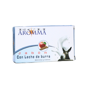 Jabón con leche de burra de la marca RGH AROMMA, presentado en una caja de diseño atractivo. Este producto está formulado con ingredientes naturales, ideal para el cuidado de la piel. Contiene extracto de mandarina y canela, ofreciendo propiedades hidratantes y antioxidantes. Perfecto para quienes buscan una opción suave y nutritiva para su rutina de higiene personal.