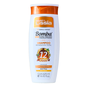 Champú Lissia Bomba Reparación Total de 425 ml, formulado con 12 aceites naturales para combatir el frizz y proporcionar hidratación profunda. Ideal para todo tipo de cabello, este producto vegano nutre y repara, dejando el cabello suave y brillante. Sin sal y con ingredientes que promueven la salud capilar.