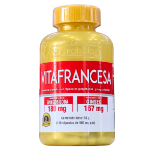 VITA FRANCESA 100 CÁPSULAS – NATURALS PLAST 28 Frasco de Vitafrancesa con 100 cápsulas de ginkgo biloba (180 mg) y ginseng (167 mg), suplemento alimenticio para mejorar la salud y el bienestar.
