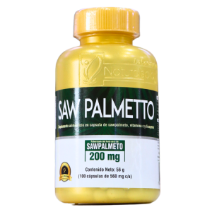 SAW PALMETTO 100 CÁPSULAS – NATURALS PLAST 18 Botella de suplemento alimenticio de saw palmetto, con 200 mg por cápsula. Contiene 130 cápsulas de 560 mg cada una. Este producto está diseñado para apoyar la salud prostática y mejorar el bienestar general. Ideal para quienes buscan una alternativa natural en su rutina de salud.