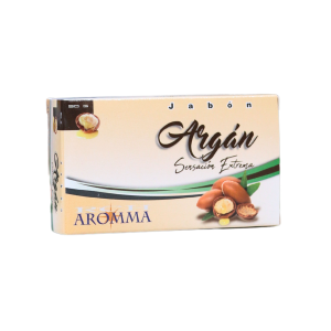 Jabón de argán Aromma, formulado para el cuidado de la piel con propiedades hidratantes y nutritivas. Presentado en una caja atractiva, ideal para el uso diario. Perfecto para mantener la piel suave y saludable.