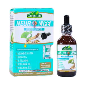 NEURO LIFE 60 ML – GREEN LIFE 26 Suplemento nutricional NeurLife de Green Life en formato de gotas, diseñado para mejorar la memoria y el enfoque. Contiene ingredientes clave como ginkgo biloba, ginseng, L-teanina, vitamina B6 y vitamina B12. Ideal para quienes buscan potenciar sus capacidades cognitivas y mantener una mente activa. Presentación de 60 ml.