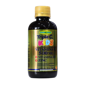 TRIPLE C KIDS 240 ML – NATURES GARDEN 4 Botella de suplemento vitamínico Triple C Kids de 240 ml, que contiene 500 mg de vitamina C, vitamina D3 y zinc. Ideal para fortalecer el sistema inmunológico de los niños y promover su salud general. Diseño atractivo y fácil de administrar, perfecto para complementar la dieta infantil.