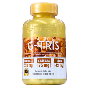 G-TRIS 100 CÁPSULAS – NATURALS PLAST 26 Suplemento G-TRIS en cápsulas, que combina ingredientes naturales como manzanilla (230 mg), caléndula (75 mg) y sábila (42 mg). Presentado en un frasco de 100 cápsulas de 560 mg. Ideal para quienes buscan beneficios de estas hierbas en su bienestar diario.