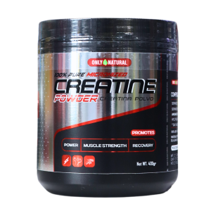 100% MICRONIZED CREATINE 400 GR – ONLY NATURAL 10 Envase de creatina en polvo micronizada de 400 g, marca Only Natural, que promueve fuerza muscular, potencia y recuperación. Ideal para suplementación deportiva.