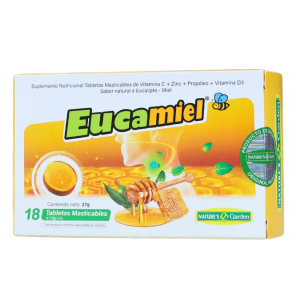 EUCAMIEL MASTICABLE (18 TABLETAS) – NATURES GARDEN 26 Eucamiel es un suplemento nutricional en tabletas masticables que combina vitamina C, zinc, propóleo y vitamina D3. Presentado en un envase de 18 tabletas, su sabor natural a eucalipto lo hace agradable y fácil de consumir. Ideal para fortalecer el sistema inmunológico y mejorar la salud respiratoria, Eucamiel es una opción práctica y efectiva para quienes buscan bienestar diario.