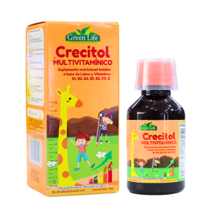 CRECITOL MULTIVITAMÍNICO 120 ML – GREEN LIFE 14 Crecitol Multivitamínico de Green Life es un suplemento nutricional líquido diseñado para niños. Contiene vitaminas D1, D2, D3, D6, D8 y E, que contribuyen al crecimiento y desarrollo saludable. Su presentación en botella facilita la dosificación, y su atractivo envase con ilustraciones de niños y una jirafa lo hace ideal para captar la atención de los más pequeños. Este producto es una opción excelente para complementar la dieta infantil y apoyar su bienestar
