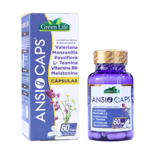 ANSIO CAPS 60 CAPS – GREEN LIFE 16 Suplemento ANSIO CAPS de Green Life, que contiene valeriana, manzanilla, pasiflora, L-teanina, vitamina B6 y melatonina. Presentado en un frasco de 60 cápsulas, ideal para promover la relajación y mejorar la calidad del sueño. Perfecto para quienes buscan reducir el estrés y la ansiedad de manera natural.
