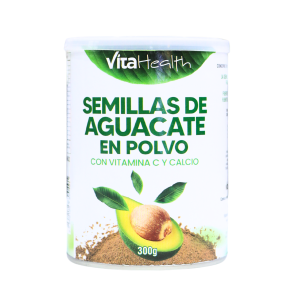 Semillas de aguacate en polvo de VitalHealth, envase de 300g. Producto enriquecido con vitamina C y calcio, ideal para incorporar en batidos, recetas de cocina y suplementos alimenticios. Beneficios para la salud y fácil de usar en diversas preparaciones.