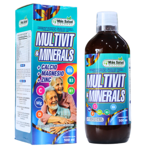 MULTIVIT & MINERALS 500 ML – MÁS SALUD NATURAL 12 Frasco de suplemento líquido Multivit & Minerals de la marca Más Salud, con una capacidad de 500 ml. El producto está enriquecido con calcio, magnesio, zinc y vitaminas B3, B6, B1, D y E. Presenta una etiqueta colorida que destaca sus beneficios para la salud, especialmente para personas mayores. Ideal para complementar la dieta y mejorar el bienestar general.