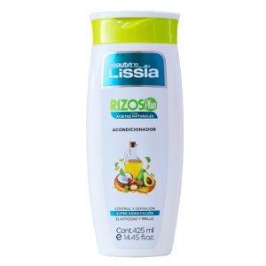 Acondicionador Lissia Rizos Plus de 425 ml, formulado con aceites naturales para el control y definición de rizos. Proporciona elasticidad y brillo al cabello rizado, mejorando su textura y suavidad. Ideal para mantener rizos hidratados y saludables.