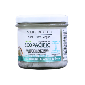 ACEITE DE COCO 115 ML EXTRA VIRGEN – ECOPACIFIC 18 Frasco de aceite de coco 100% extra virgen de la marca Ecopacific. Producto ecuatoriano envasado en vidrio, ideal para usos culinarios y cosméticos. La etiqueta destaca que los ingredientes son exclusivamente aceite de coco. Perfecto para quienes buscan un producto natural y saludable.