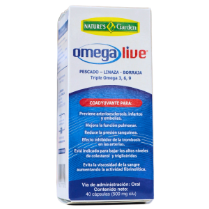 OMEGA LIVE 40 CÁPSULAS – NATURES GARDEN 14 Suplemento Omega Live de Nature's Garden en presentación de 40 cápsulas, que combina omega 3, 6 y 9 de pescado, linaza y borraja. Indicado para prevenir arteriosclerosis, infartos y embolias, mejora la función pulmonar y ayuda a reducir la presión sanguínea. También contribuye a mantener niveles saludables de colesterol y triglicéridos, y mejora la viscosidad de la sangre. Ideal para quienes buscan un apoyo en la salud cardiovascular