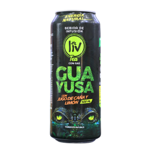 Bebida enlatada de infusión con guayusa, sabor a jugo de caña y limón, de 500 ml. Presenta un diseño llamativo con colores oscuros y elementos naturales, ideal para quienes buscan energía natural y refresco. Perfecta para disfrutar en cualquier momento del día.