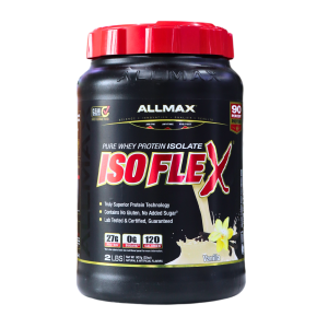 ISOFLEX 2 LB VAINILLA – ALL MAX 22 Envase de proteína en polvo ISOFLEX de Allmax, con un diseño moderno y atractivo. Este producto contiene 2 libras de aislado de proteína de suero puro, ideal para quienes buscan aumentar su ingesta de proteínas. Ofrece 27 gramos de proteína por porción, sin gluten y sin azúcares añadidos, perfecto para deportistas y entusiastas del fitness. Su sabor a vainilla garantiza una experiencia agradable al consumirlo. Ideal para mezclar en bat