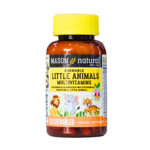 LITTLE ANIMALS MULTIVITAMINS X120 CHEWABLES – MASON VITAMINS 12 Suplemento multivitamínico masticable Mason Natural Little Animals, diseñado para niños. Contiene 120 tabletas masticables que aportan nutrientes esenciales para el crecimiento y desarrollo. Ideal para fortalecer el sistema inmunológico y promover la salud general en los más pequeños.