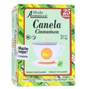 TÉ CANELA (25 BOLSITAS) – ILE 8 Caja de hierba aromática de canela, que contiene 25 bolsitas de 37.5 g. Producto de Ecuador, ideal para preparar infusiones. Presenta un diseño colorido y atractivo, resaltando la calidad del producto. Perfecta para disfrutar de una bebida caliente y reconfortante, la canela ofrece beneficios para la salud y un sabor delicioso.