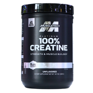100% CREATINE PLATINUM 400GR – MUSCLETECH 30 Envase de creatina Muscletech Platinum 100%, sin sabor, con 6 lbs y 80 porciones, diseñado para aumentar la fuerza y el desarrollo muscular.
