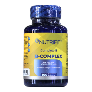 B COMPLEX 100 SOFTGELS – NUTRIFIT 18 Suplemento Nutrifit B-Complex en frasco de 100 cápsulas blandas. Contiene ácido fólico, vitamina B12 y PABA, diseñado para promover la energía y el metabolismo. Ideal para quienes buscan un apoyo nutricional completo de vitaminas del grupo B.
