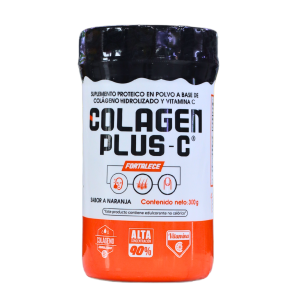 Suplemento de colágeno en polvo Colagen Plus-C, sabor naranja, con 300 g de contenido neto. Formulado con colágeno hidrolizado y vitamina C, ideal para fortalecer piel, cabello y uñas. Producto con alta biodisponibilidad y 90% de colágeno. Perfecto para quienes buscan mejorar su salud y apariencia física de manera efectiva.