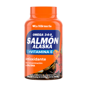 OMEGA 3 6 9 SALMÓN ALASKA + VIT E 60 SOFTGELS – LA MILENARIA 32 Suplemento alimenticio de Omega 3-6-9 de Salmón de Alaska, formulado con vitamina E y propiedades antioxidantes. Cada frasco contiene 60 cápsulas blandas con alta concentración de EPA y DHA, diseñadas para apoyar la salud cardiovascular y mejorar el bienestar general. Ideal para quienes buscan un complemento natural para su dieta.