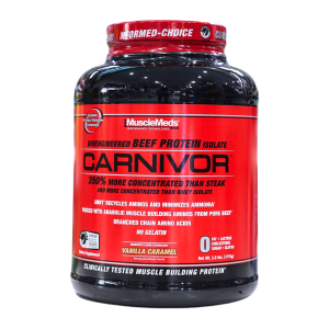 CARNIVOR ISOLATE 3.7LB VAINILLA CARAMELO – MUSCLE MEDS 26 Proteína en polvo Carnivor de MuscleMeds, formulada a partir de aislamiento de proteína de res. Ofrece 350% más concentración que el bistec, ideal para la construcción muscular. Contiene aminoácidos de cadena ramificada y no incluye gelatina. Sabor vainilla caramelo, recomendado para quienes buscan una fuente de proteína efectiva y de alta calidad para el desarrollo muscular.